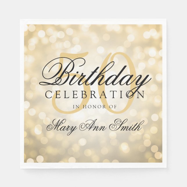 Elegant 50th Birthday Party Gold Glitter Lights Napkins (Front)
