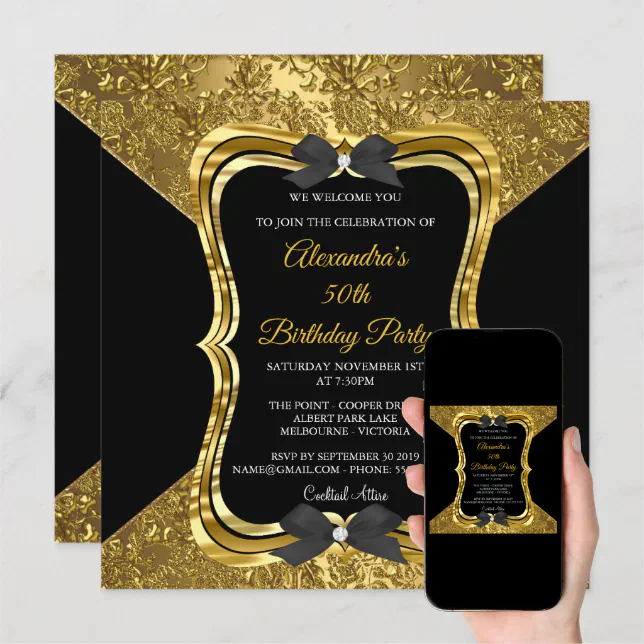 Elegant 50th Birthday Party Gold Golden Black Invitation | Zazzle