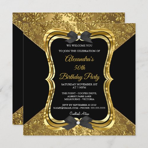 Elegant 50th Birthday Party Gold Golden Black Invitation