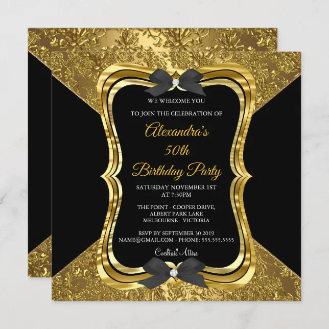 Elegant 50th Birthday Party Gold Golden Black Invitation | Zazzle