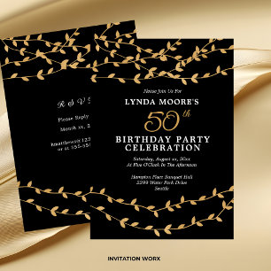 Elegant 50th Birthday Party Gold Leaves on Black Invitation