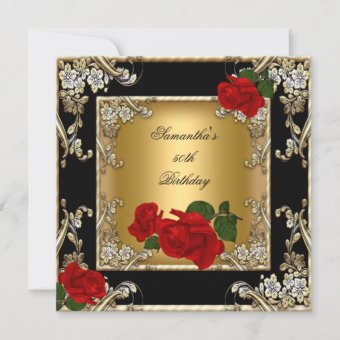 Elegant 50th Birthday Party Gold Red Rose Black Invitation | Zazzle