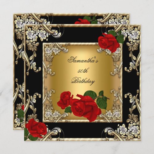 Elegant 50th Birthday Party Gold Red Rose Black Invitation