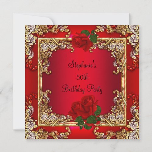 Elegant 50th Birthday Party Gold Red Rose Floral Invitation