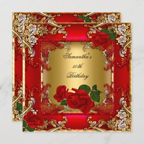 Elegant 50th Birthday Party Gold Red Rose Invitation