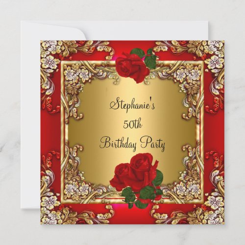 Elegant 50th Birthday Party Gold Red Rose Invitation
