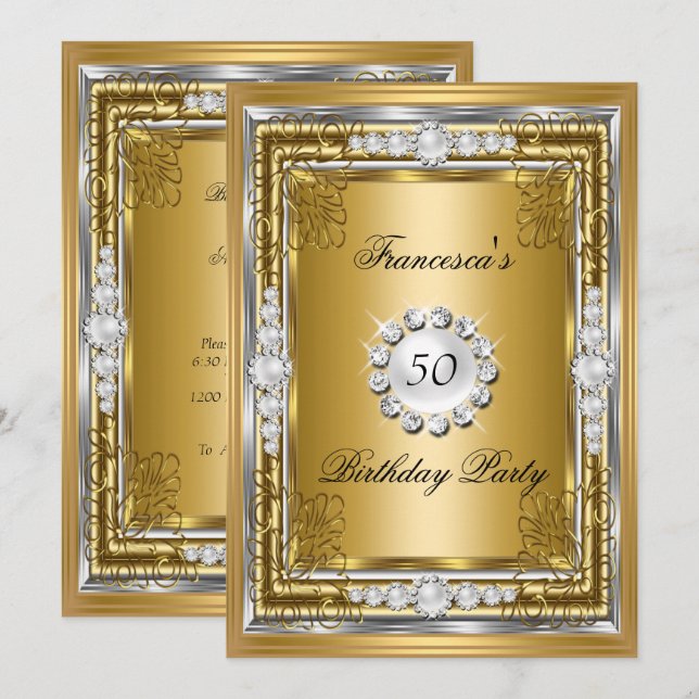Elegant 50th Birthday Party Gold Silver Diamonds Invitation (Front/Back)