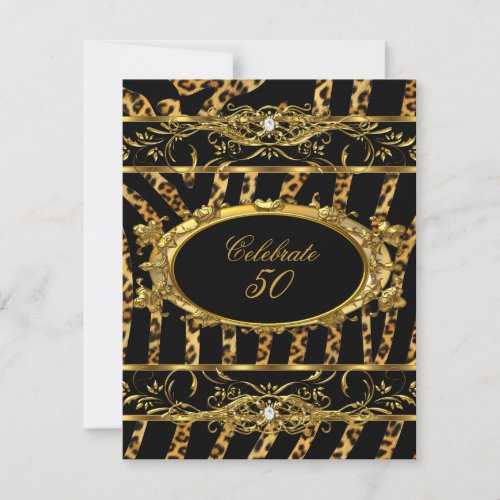 Elegant 50th Birthday Party Gold Zebra Leopard Invitation