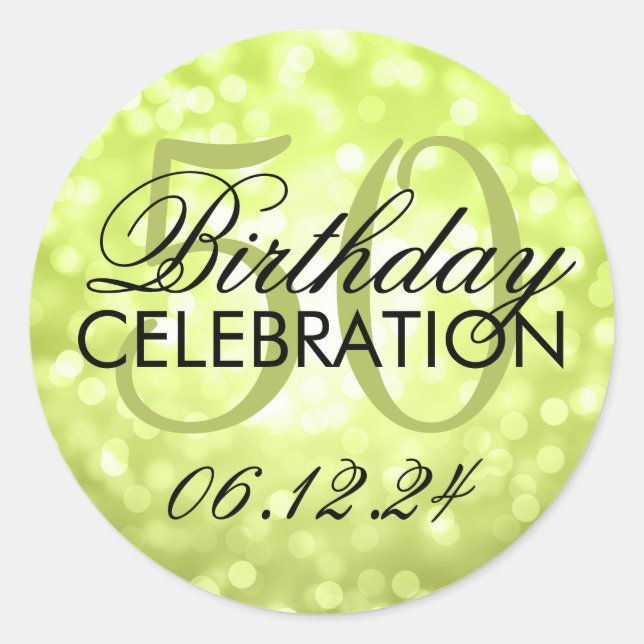 Elegant 50th Birthday Party Green Glitter Lights Classic Round Sticker (Front)