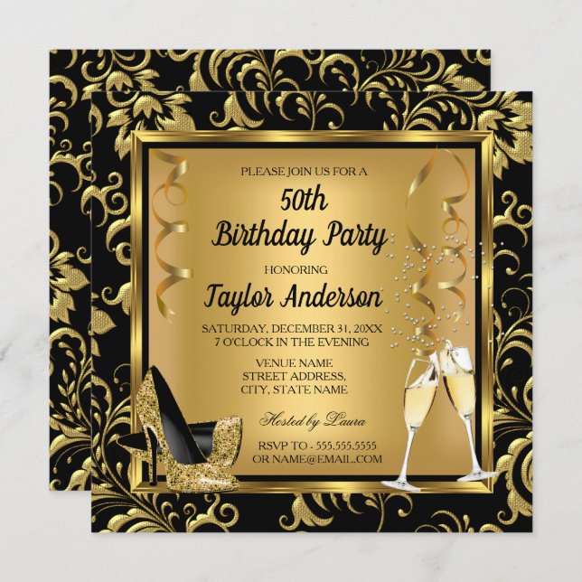 Elegant 50th Birthday Party Heels Champagne Photo Invitation (Front/Back)