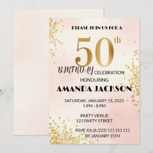 Elegant 50th Birthday Party Invitation Gold & Pink
