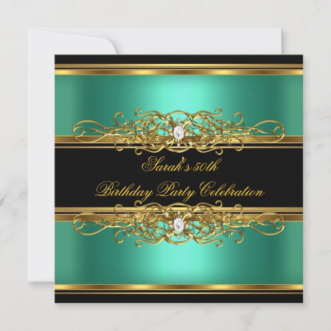 Elegant 50th Birthday Party Jade Green Gold Black Invitation (Front)