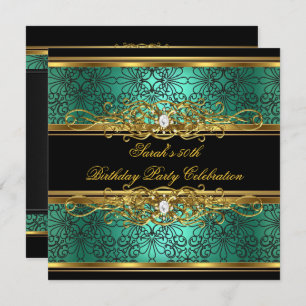 Elegant 50th Birthday Party Jade Green Gold Damask Invitation