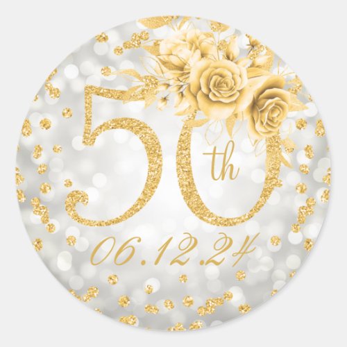 Elegant 50th Birthday Party Lights Gold Silver Classic Round Sticker