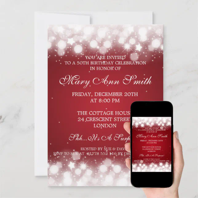 Elegant 50th Birthday Party Magic Sparkle Red Invitation Zazzle