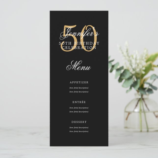 Elegant 50th Birthday Party Menu Gold Black Invitation (Standing Front)