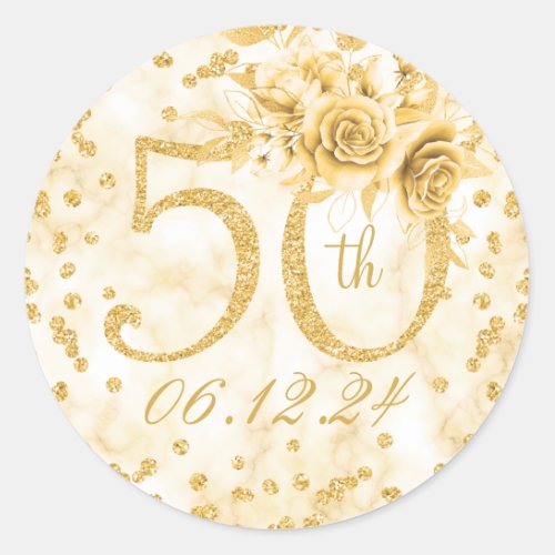 Elegant 50th Birthday Party Modern Marble Gold  Classic Round Sticker