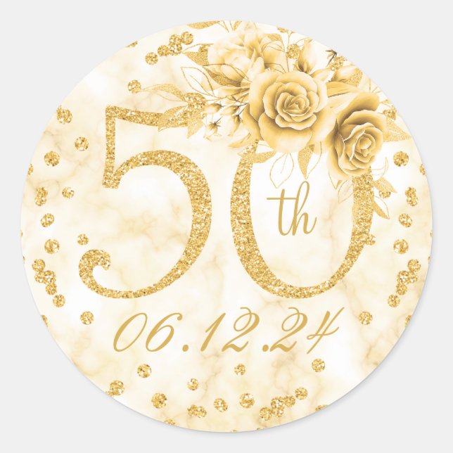 Elegant 50th Birthday Party Modern Marble Gold  Classic Round Sticker (Front)