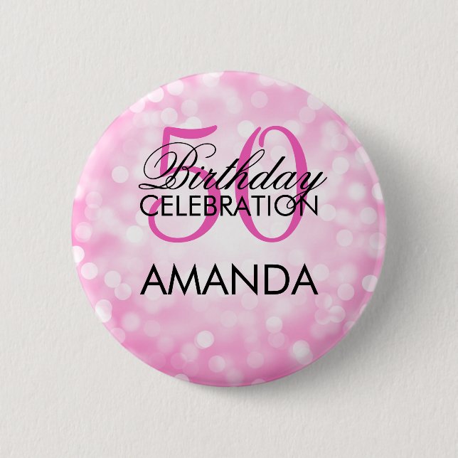 Elegant 50th Birthday Party Pink Glitter Lights Button (Front)