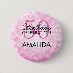 Elegant 50th Birthday Party Pink Glitter Lights Button