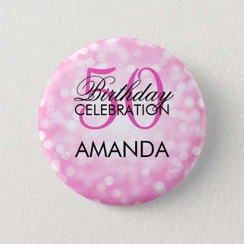 Elegant 50th Birthday Party Pink Glitter Lights Button