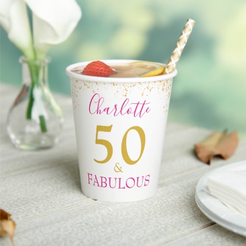 Elegant 50th Birthday Party Pink Gold Personalized Paper Cups