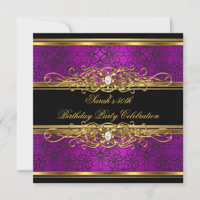 Elegant 50th Birthday Party Pink Plum Gold Damask Invitation (Front)