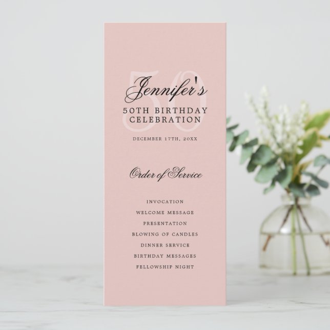 Elegant 50th Birthday Party Program Blush Pink  (Standing Front)