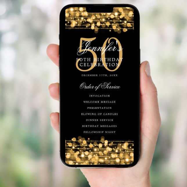 Elegant 50th Birthday Party Program Gold w/ Menu (Front Digital)