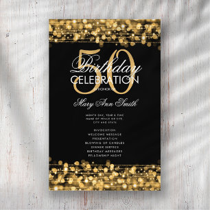 Elegant 50th Birthday Party Program Gold w/ Menu Flyer