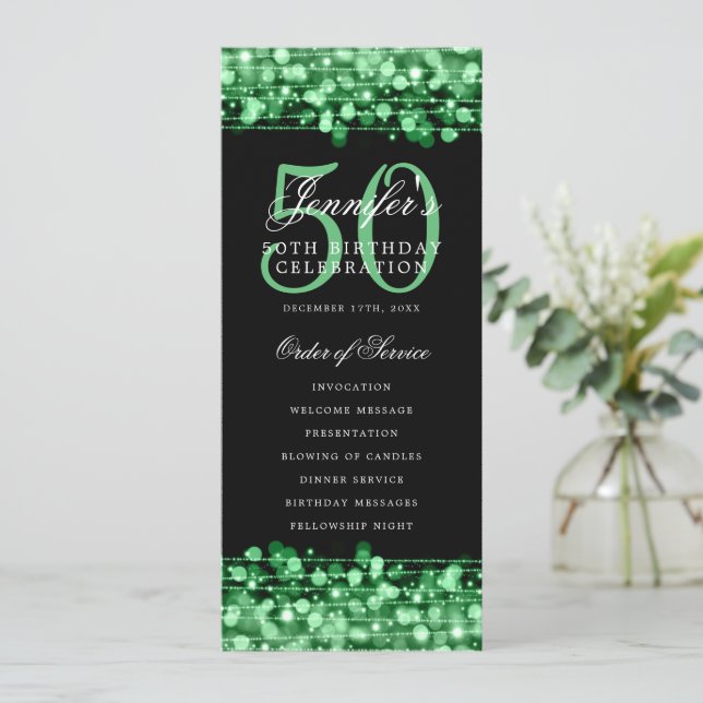 Elegant 50th Birthday Party Program Green Menu (Standing Front)
