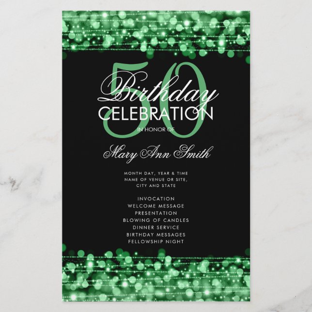 Elegant 50th Birthday Party Program Green w/ Menu Flyer (Front)