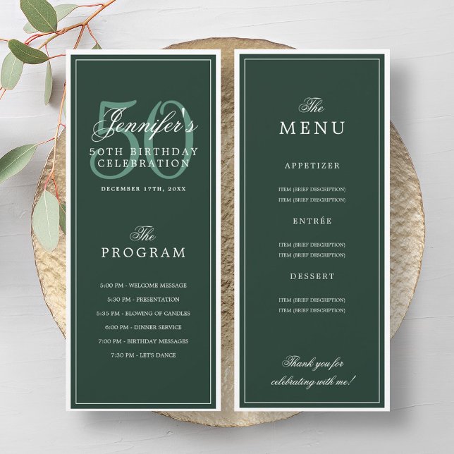 Elegant 50th Birthday Party Program Menu Green  (Elegant 50th Birthday Party Program Menu Green )