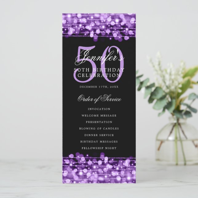 Elegant 50th Birthday Party Program Purple Menu (Standing Front)