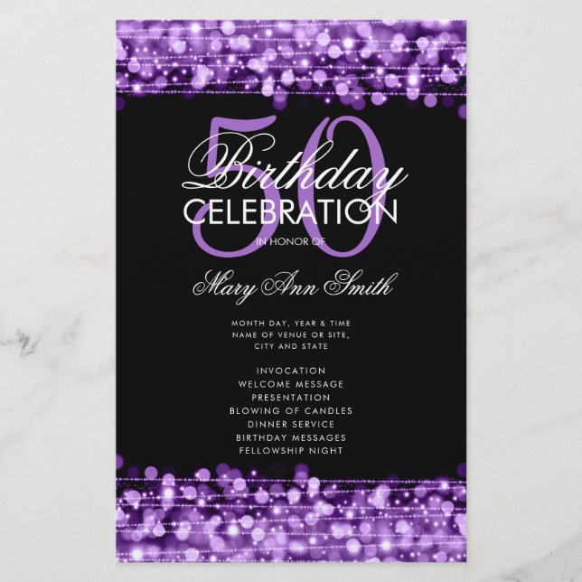 Elegant 50th Birthday Party Program Purple Menu  Flyer (Front)