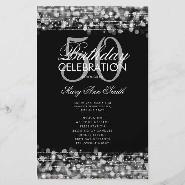 Elegant 50th Birthday Party Program Silver w/ Menu Flyer | Zazzle