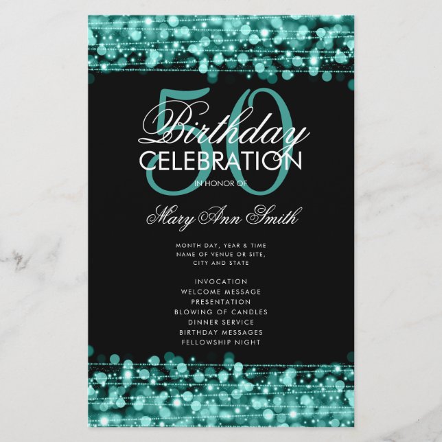 Elegant 50th Birthday Party Program Teal w/ Menu  Flyer (Front)