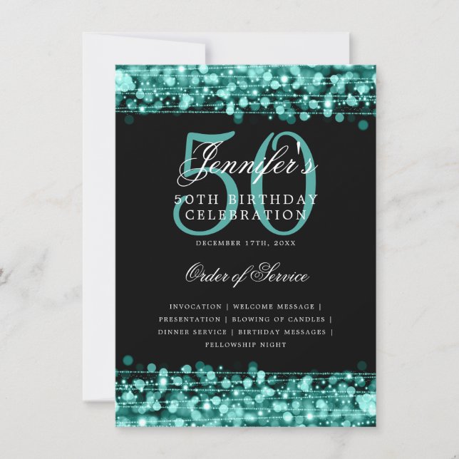 Elegant 50th Birthday Party Program Turquoise Menu (Front)