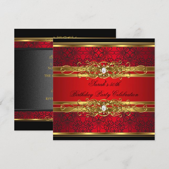 Elegant 50th Birthday Party Red Black Gold 2 Invitation (Front/Back)