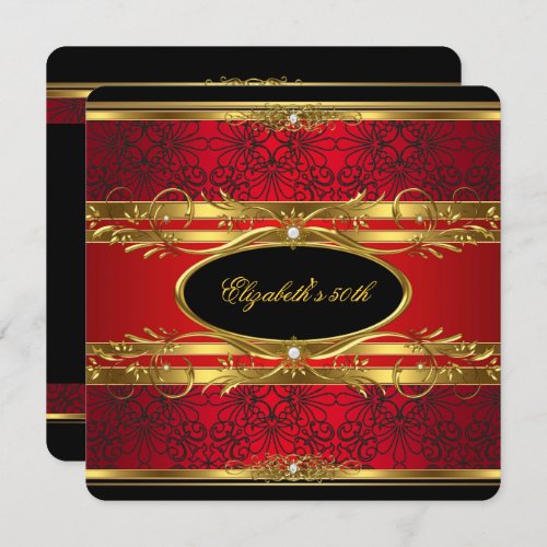 Elegant 50th Birthday Party Red Black Gold 3 Invitation