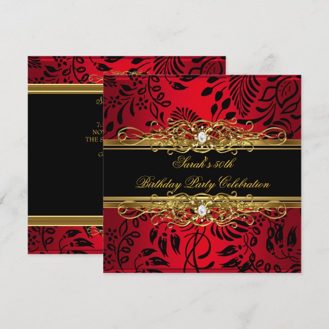 Elegant 50th Birthday Party Red Black Gold Damask Invitation (Front/Back)