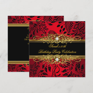 Elegant 50th Birthday Party Red Black Gold Damask Invitation