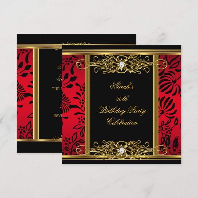Elegant 50th Birthday Party Red Black Gold Damask Invitation (Front/Back)