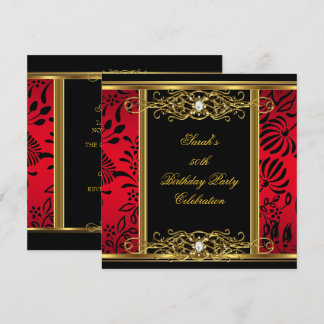 Elegant 50th Birthday Party Red Black Gold Damask Invitation