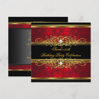 Elegant 50th Birthday Party Red Black Gold Damask Invitation