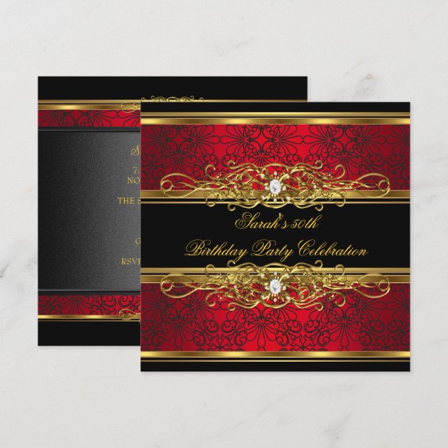 Elegant 50th Birthday Party Red Black Gold Damask Invitation (Front/Back)