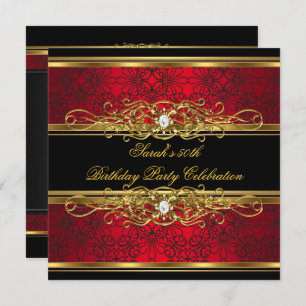 Elegant 50th Birthday Party Red Black Gold Damask Invitation