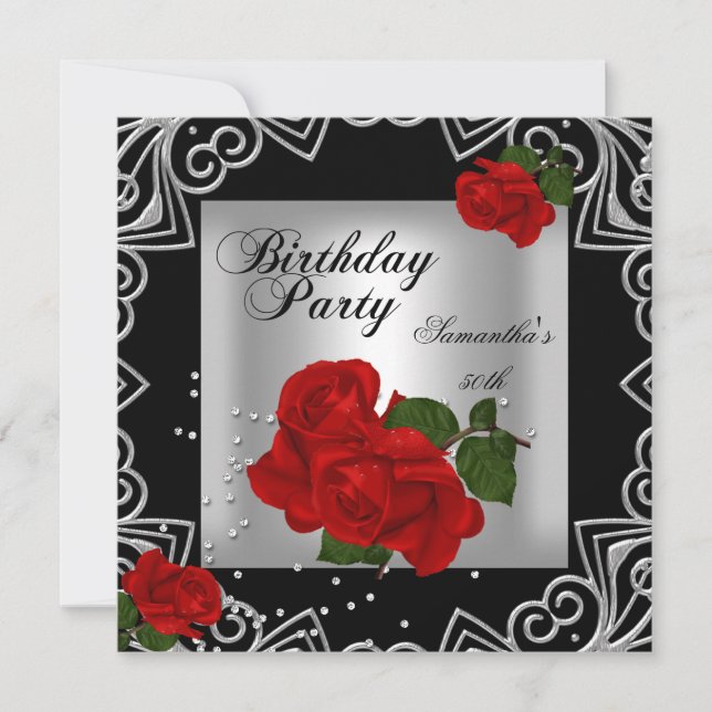 Elegant 50th Birthday Party Red Rose Silver Deco Invitation (Front)