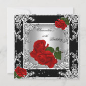 Elegant 50th Birthday Party Red Rose Silver Invitation (Front)