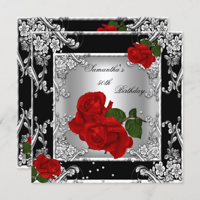Elegant 50th Birthday Party Red Rose Silver Invitation (Front/Back)
